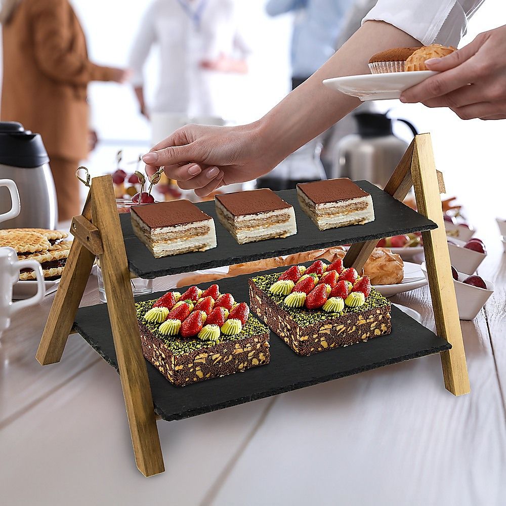 Randy & Travis Machinery 2-Tier Slate and Bamboo Serving Stand