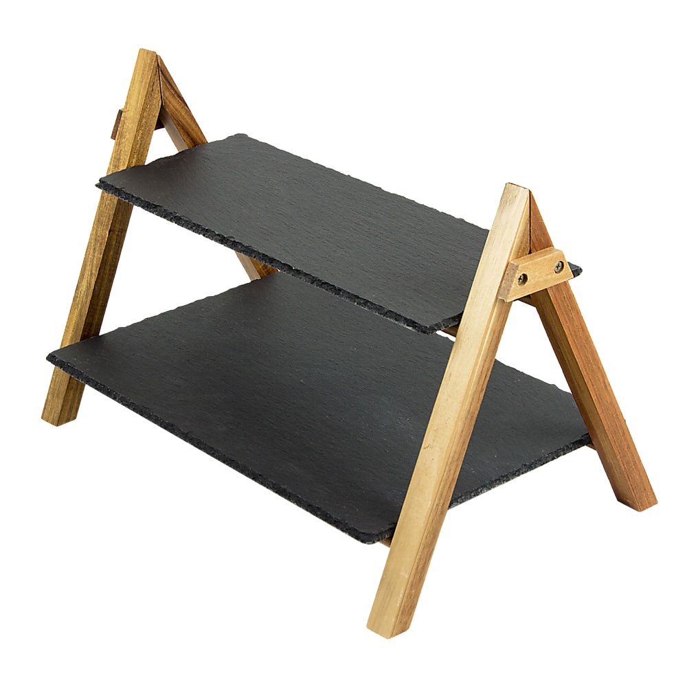 Randy & Travis Machinery 2-Tier Slate and Bamboo Serving Stand