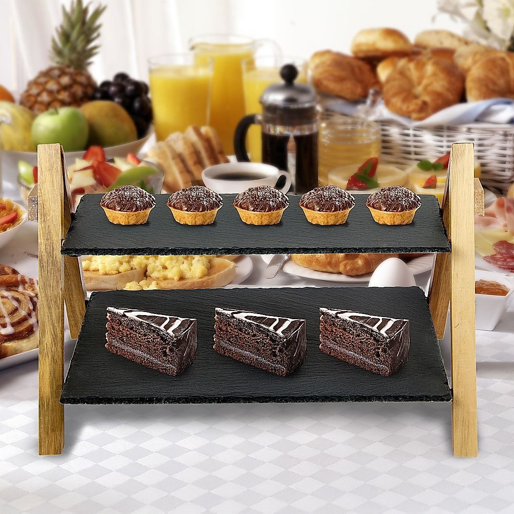 Randy & Travis Machinery 2-Tier Slate and Bamboo Serving Stand
