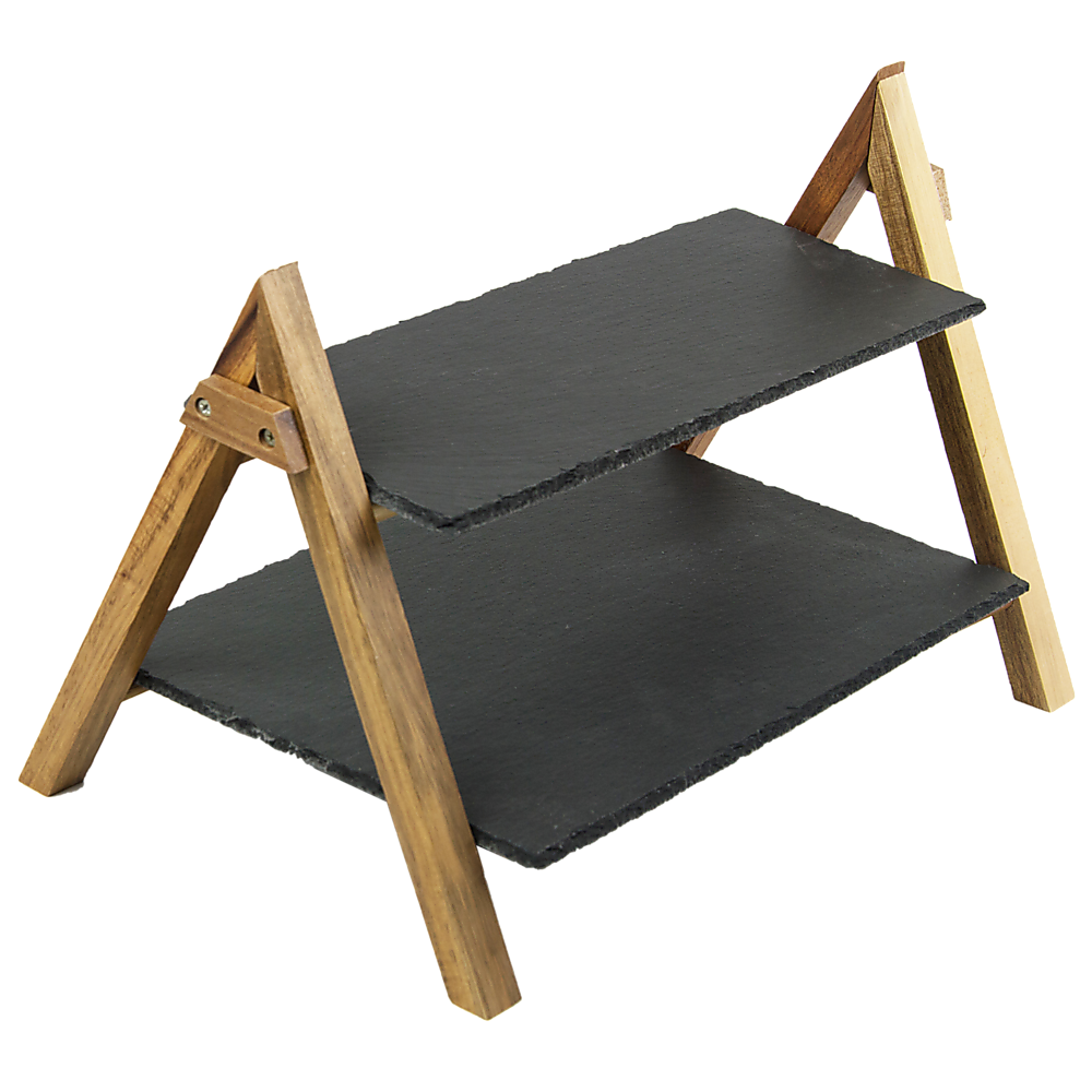 Randy & Travis Machinery 2-Tier Slate and Bamboo Serving Stand