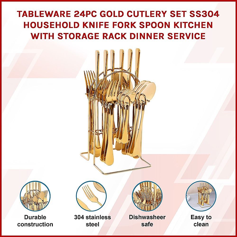 Randy & Travis Machinery Gold Cutlery Set with Storage Rack, 24 Pieces