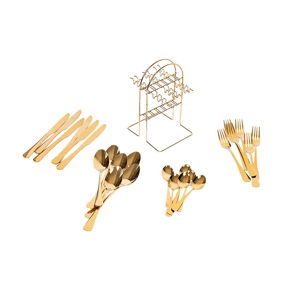 Randy & Travis Machinery Gold Cutlery Set with Storage Rack, 24 Pieces