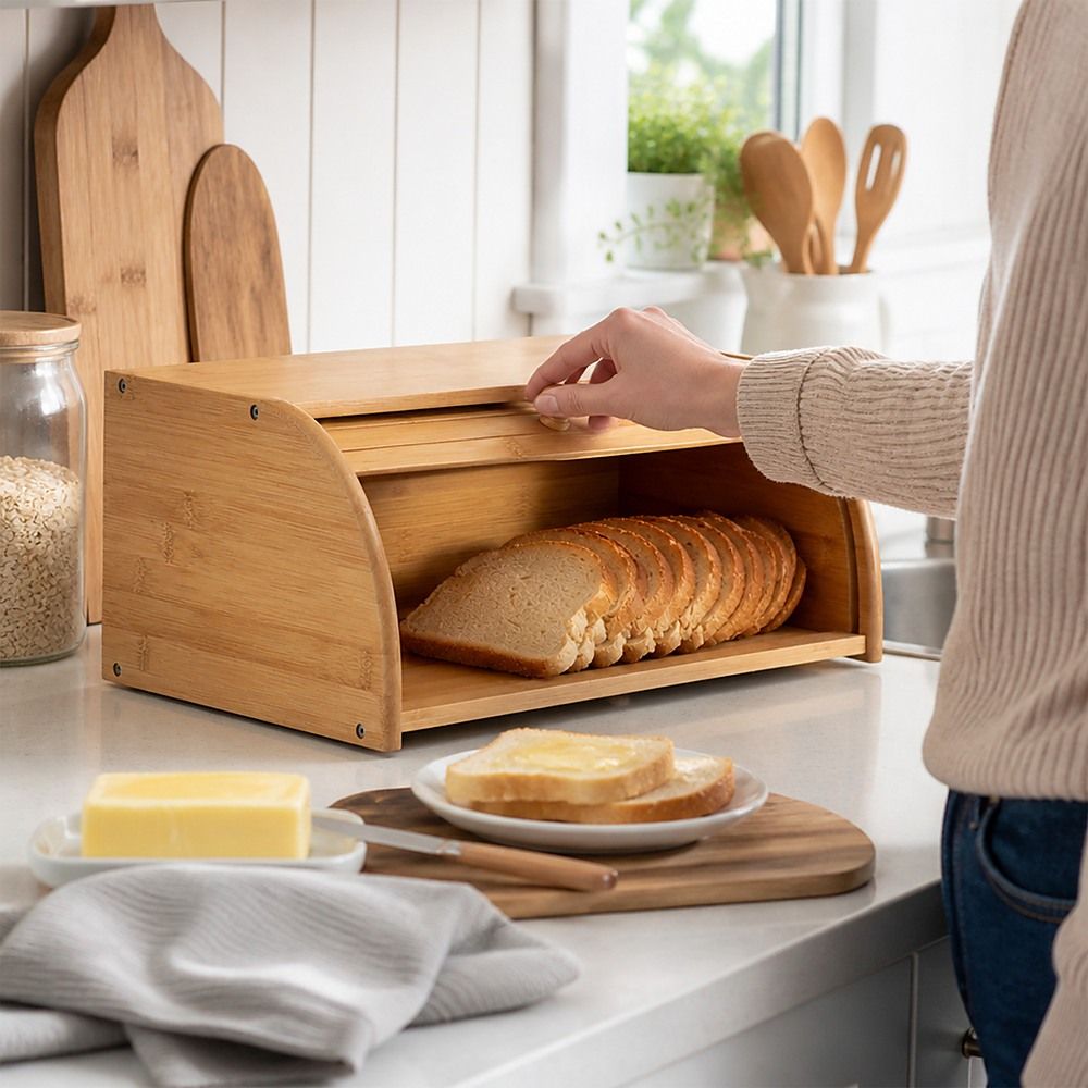 Randy & Travis Machinery Bamboo Bread Box with Rolltop Lid