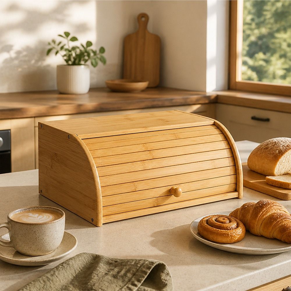 Randy & Travis Machinery Bamboo Bread Box with Rolltop Lid