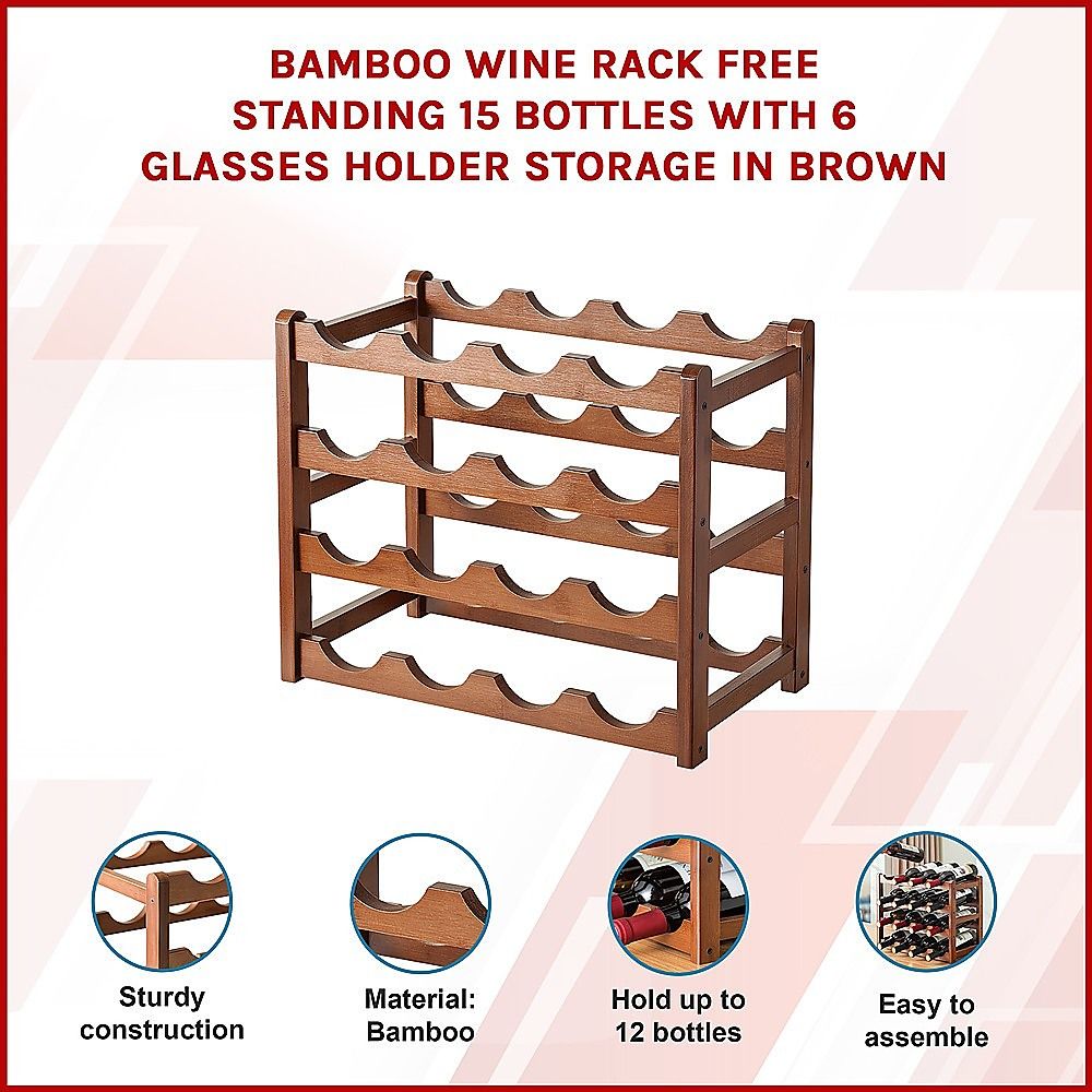 Randy & Travis Machinery Bamboo Wine Rack, 15 Bottles and 6 Glasses