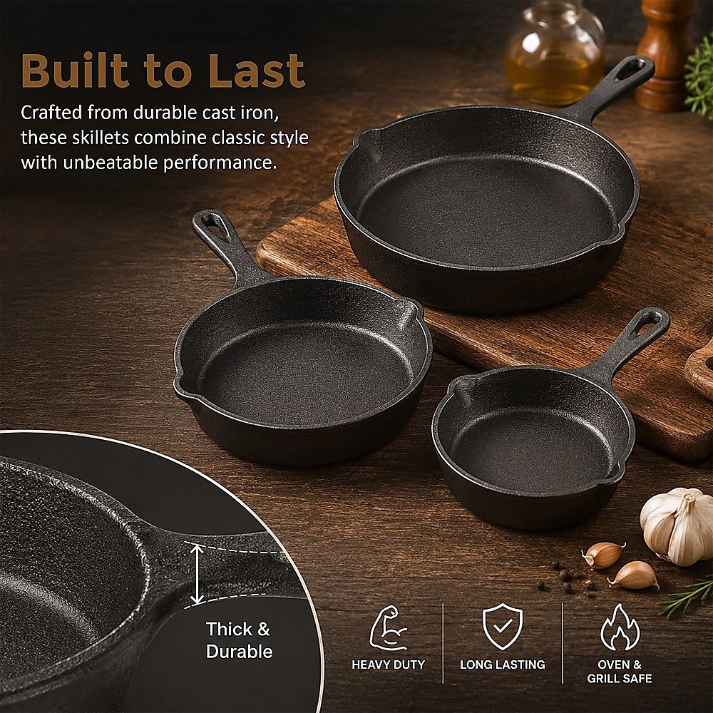 Randy & Travis Machinery Cast Iron Frying Pan Set, 3 Pieces