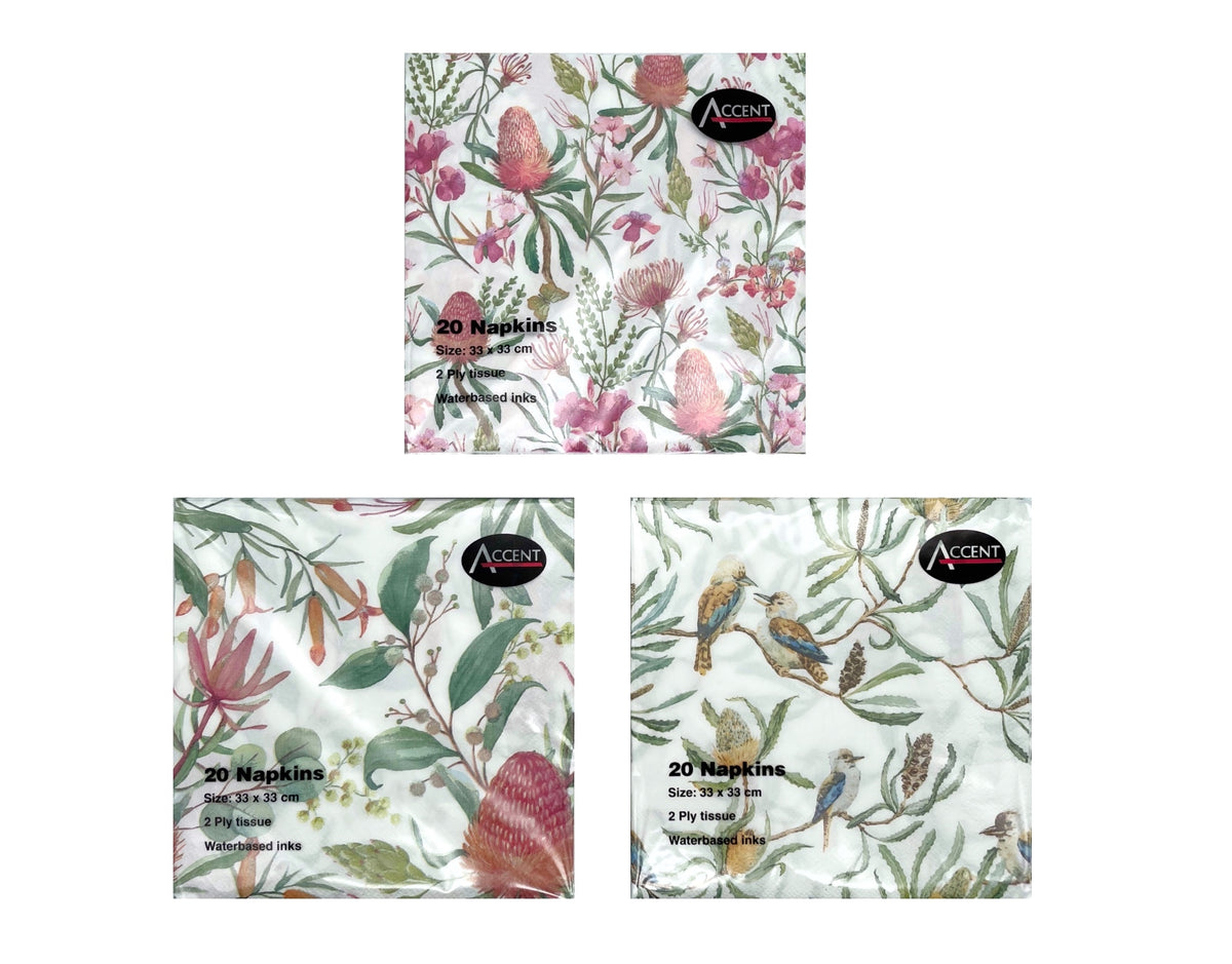 Australian Native Print 2 Ply Paper Napkins, 33 cm, Bulk 48
