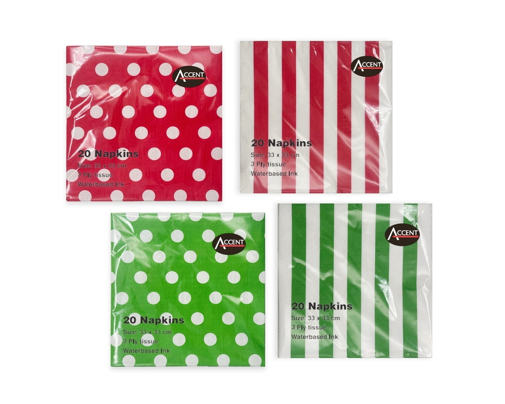 Red and Green Dots and Stripes 2-Ply Paper Napkins, 960 Pack, 33 cm