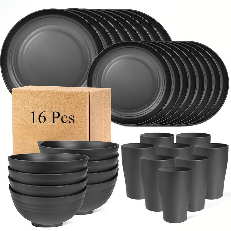 Shatterproof Black Plastic Tableware Set, 16 Pieces