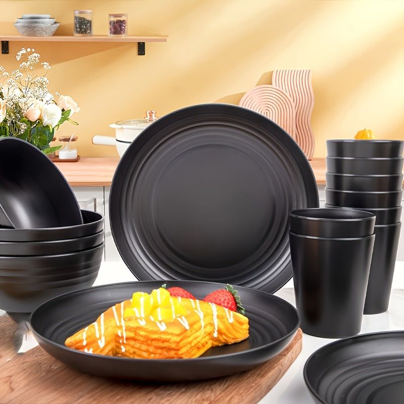 Shatterproof Black Plastic Tableware Set, 16 Pieces