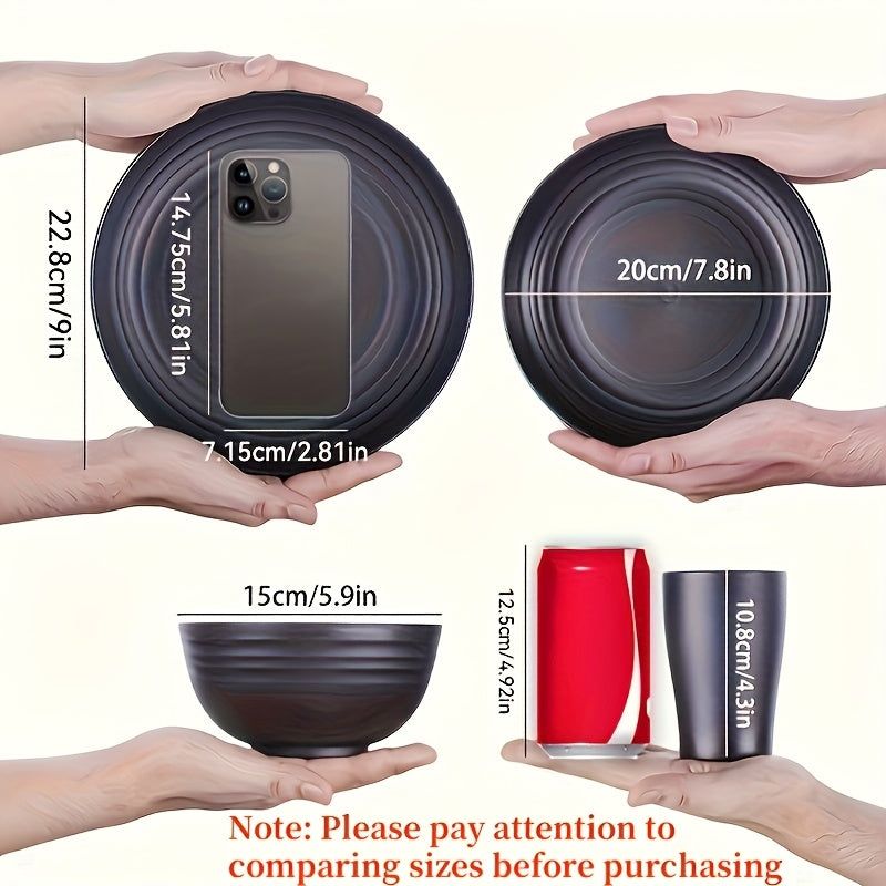 Shatterproof Black Plastic Tableware Set, 16 Pieces
