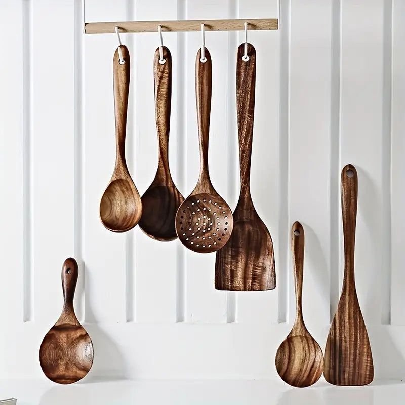 Natural Teak Wooden Cooking Spoons, Set of 7
