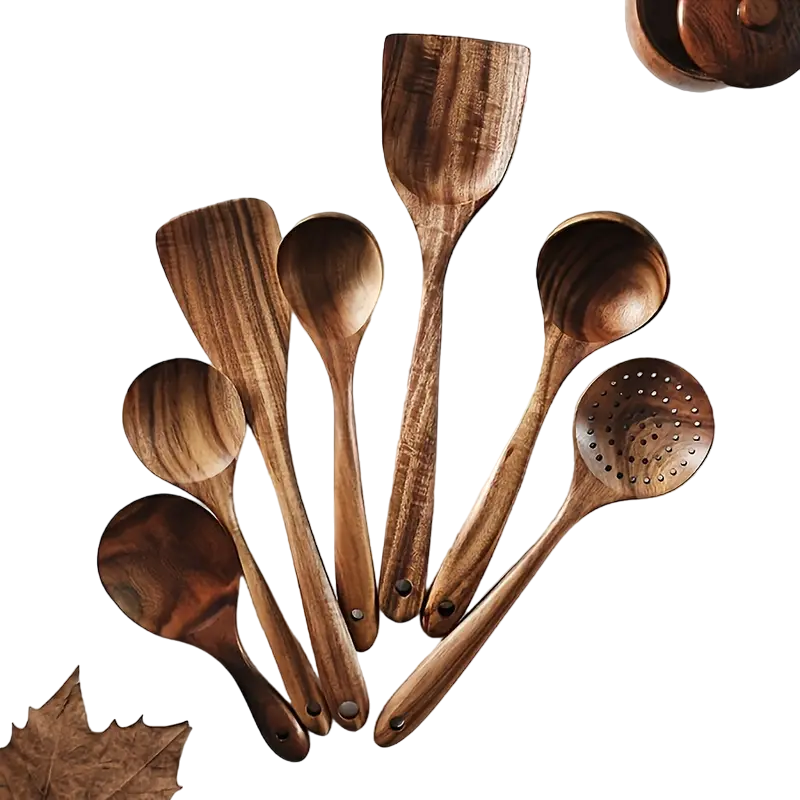 Natural Teak Wooden Cooking Spoons, Set of 7