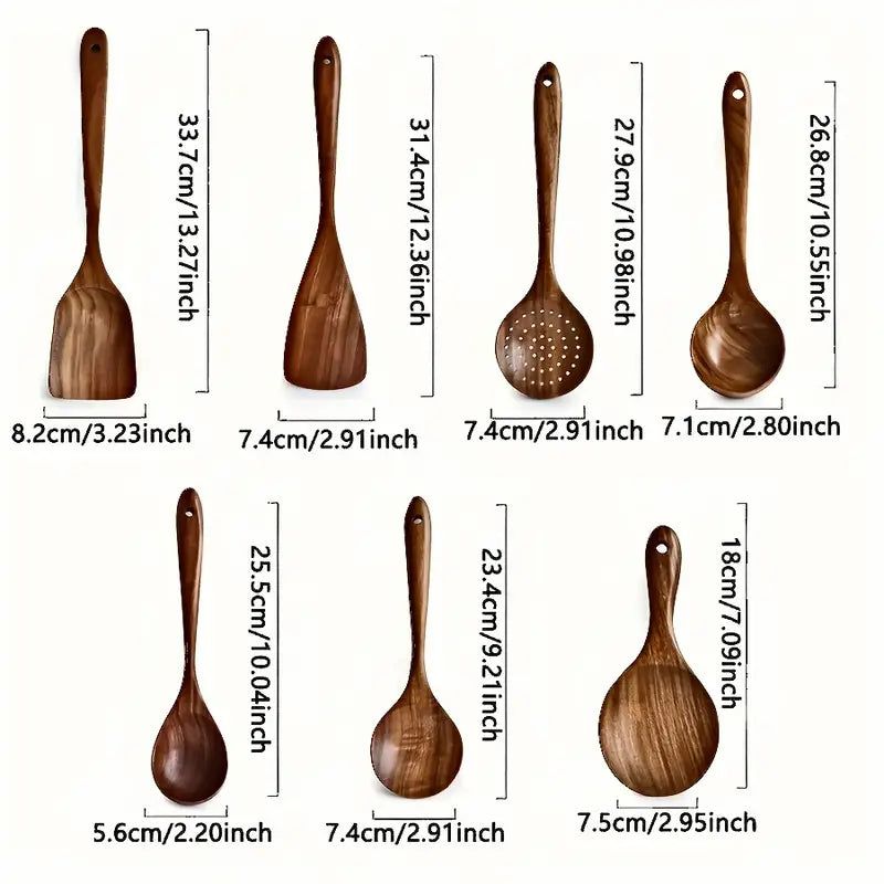 Natural Teak Wooden Cooking Spoons, Set of 7