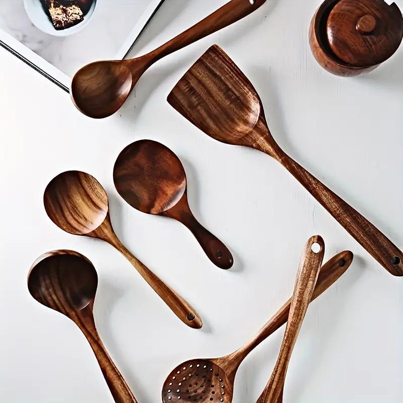Natural Teak Wooden Cooking Spoons, Set of 7