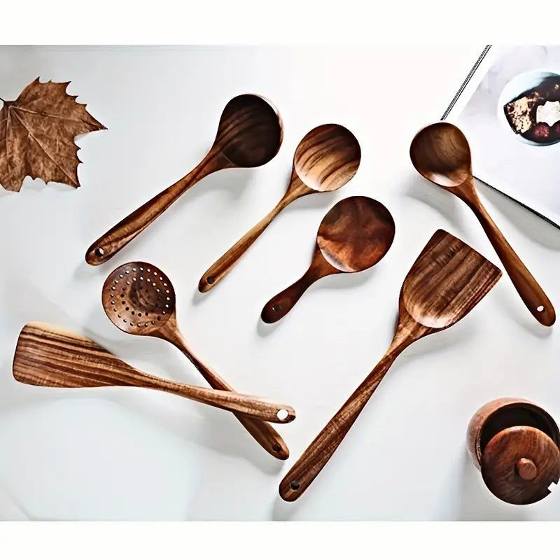 Natural Teak Wooden Cooking Spoons, Set of 7
