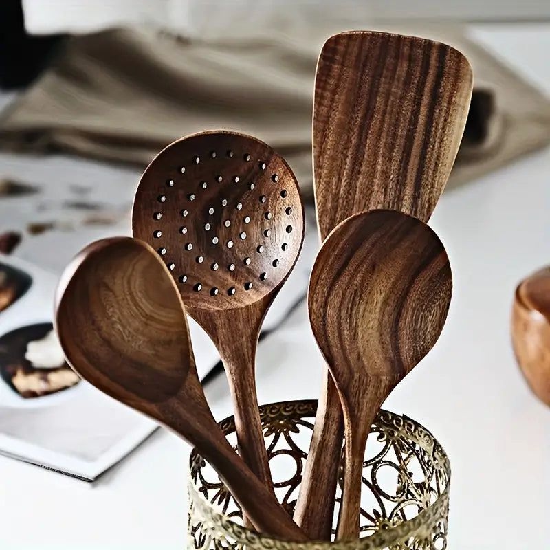 Natural Teak Wooden Cooking Spoons, Set of 7