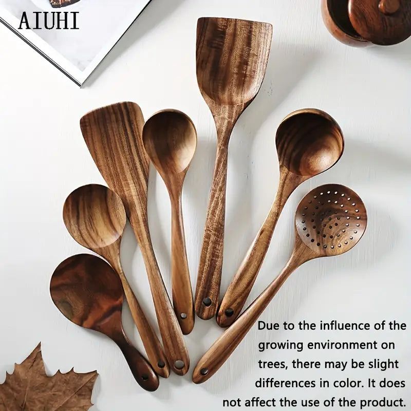 Natural Teak Wooden Cooking Spoons, Set of 7