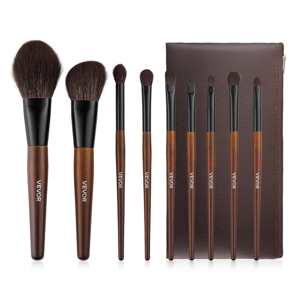 Makeup Brush Set with Wooden Handles and Storage Bag, 9 Pieces