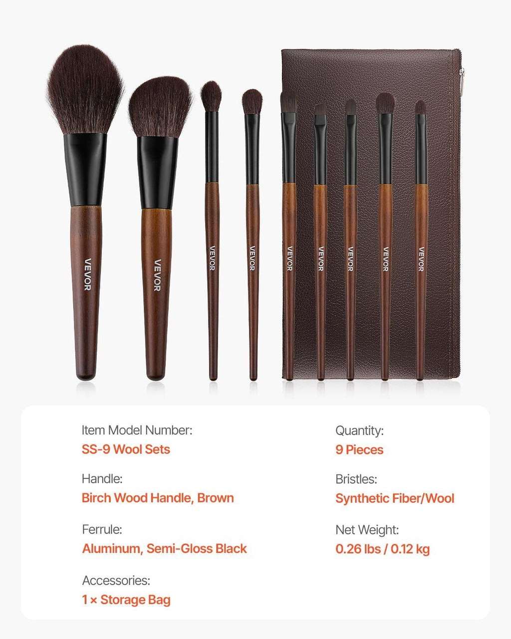 Makeup Brush Set with Wooden Handles and Storage Bag, 9 Pieces