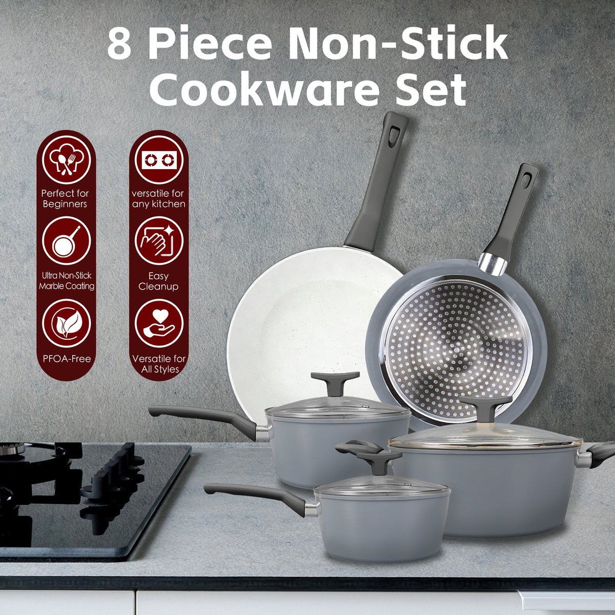 Clevinger Marble Non-Stick Cookware Set with Glass Lids, 8 Pieces