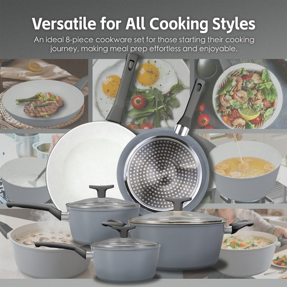 Clevinger Marble Non-Stick Cookware Set with Glass Lids, 8 Pieces