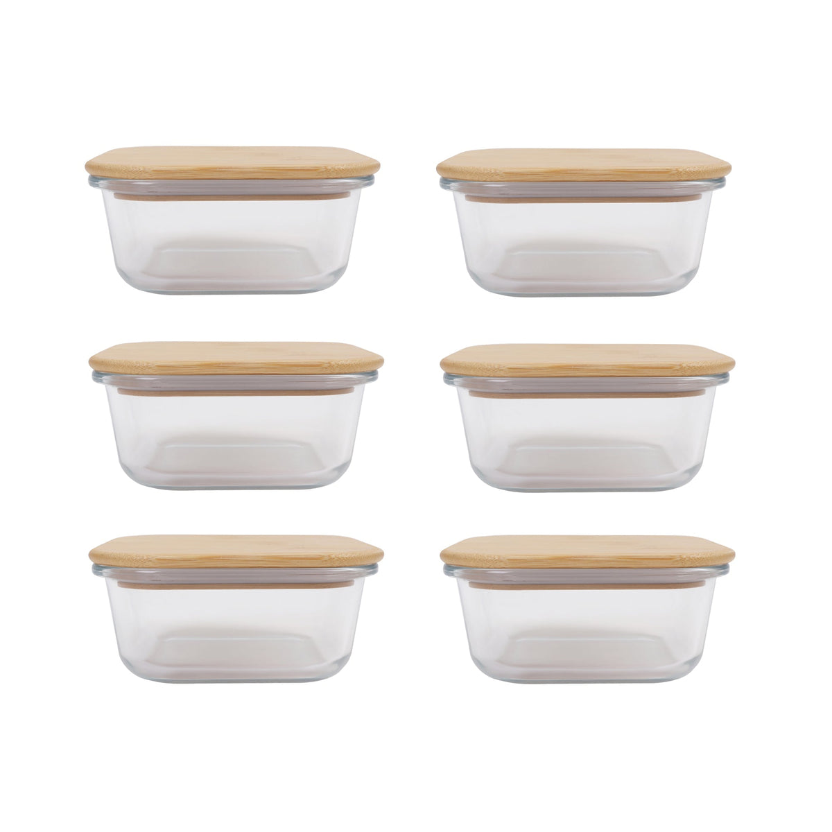 6 Pcs Medium Bamboo Food Containers – Clear Glass with Bamboo