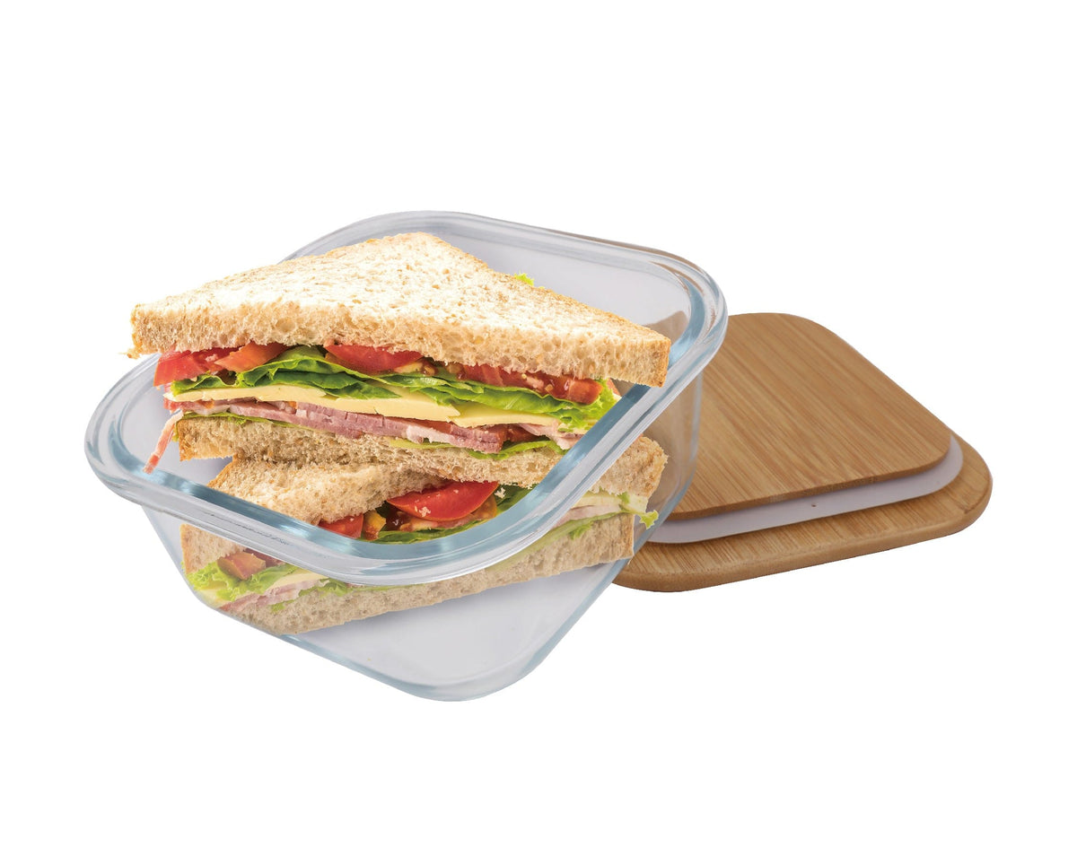 6 Pcs Medium Bamboo Food Containers – Clear Glass with Bamboo