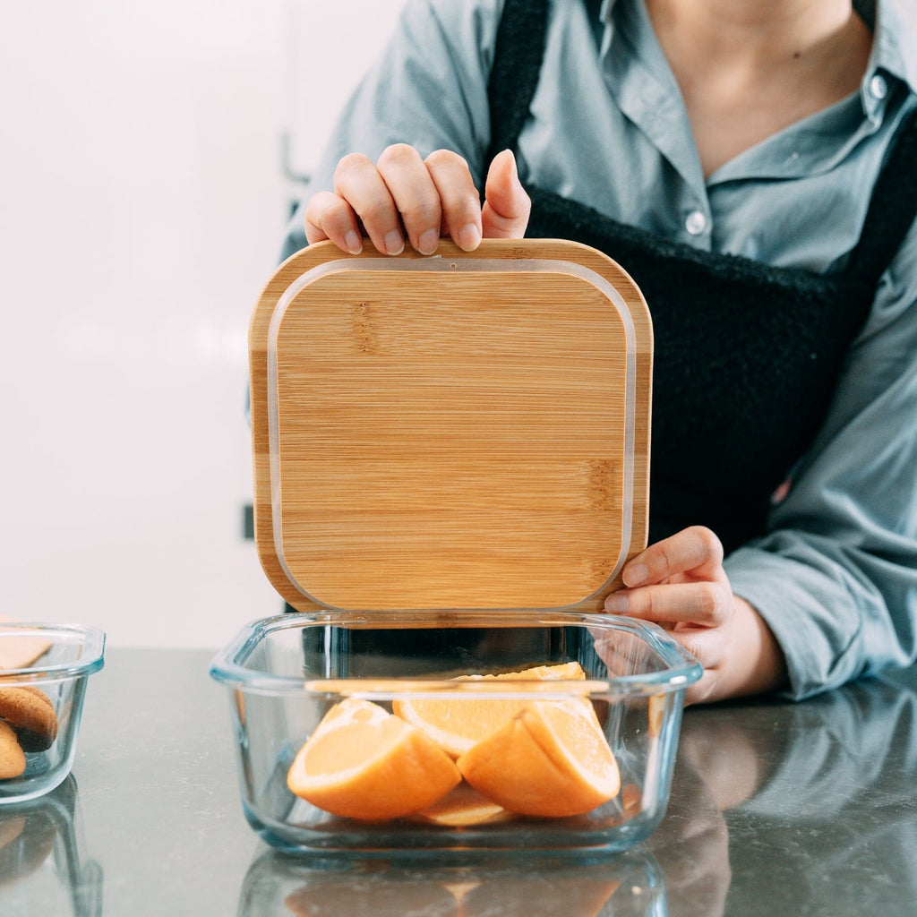 6 Pcs Medium Bamboo Food Containers – Clear Glass with Bamboo