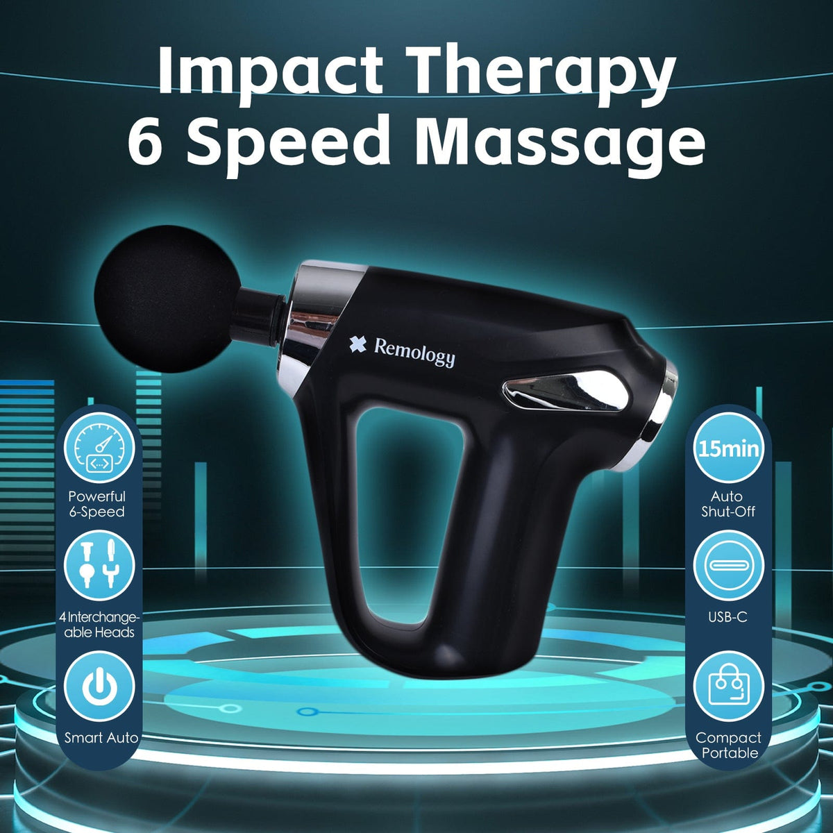 Remology 6 Adaptive Speed USB-C Massage Gun with 4 Heads