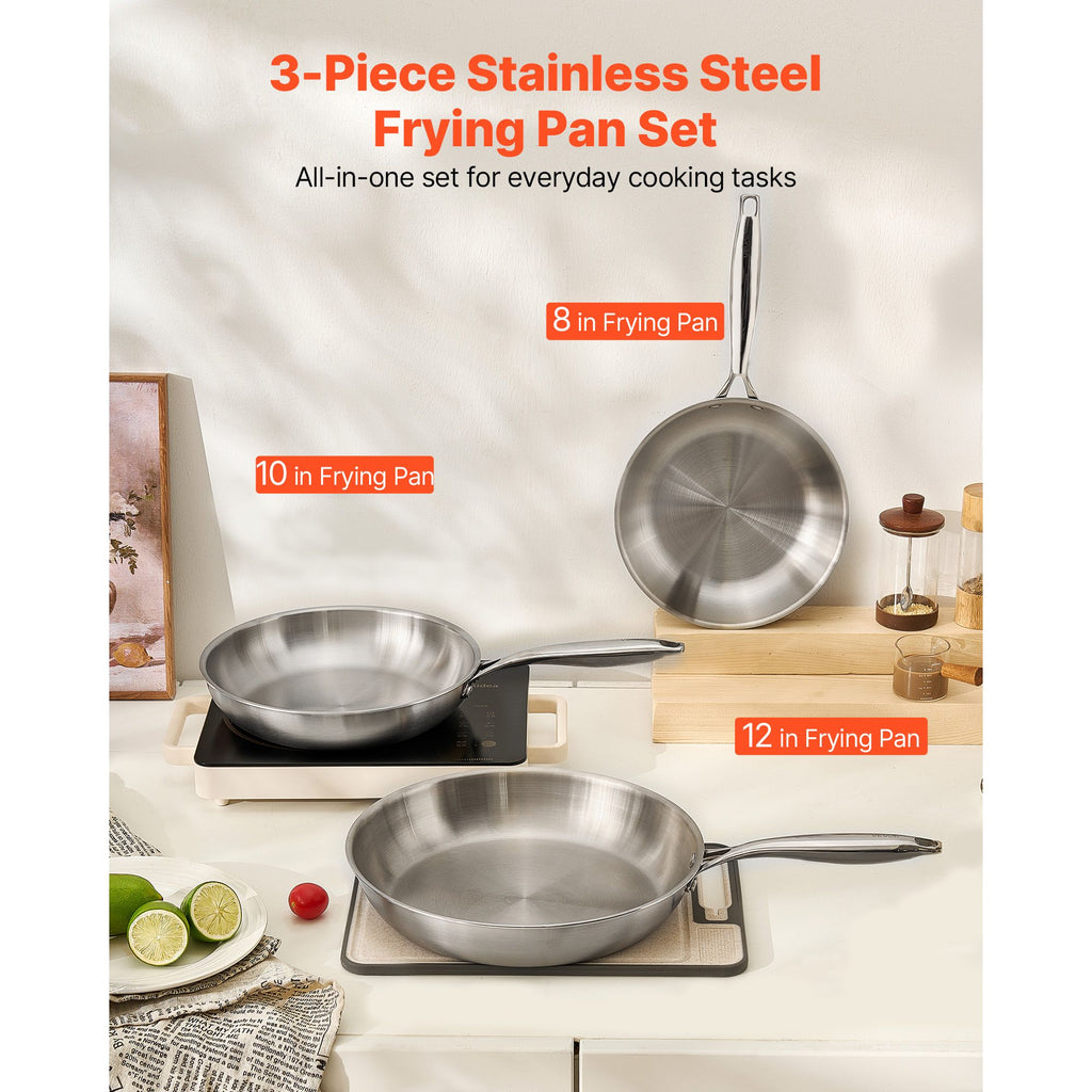 VEVOR Tri-Ply Stainless Steel Frying Pan Set, 24, 28 and 32 cm