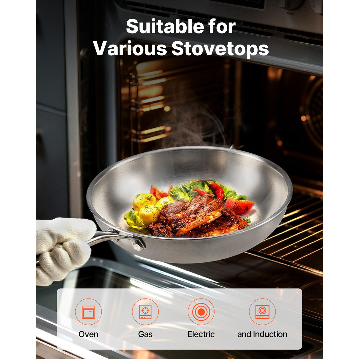 VEVOR Tri-Ply Stainless Steel Frying Pan Set, 24, 28 and 32 cm