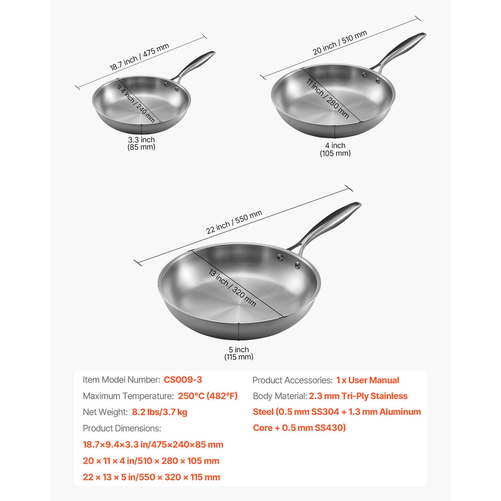 VEVOR Tri-Ply Stainless Steel Frying Pan Set, 24, 28 and 32 cm