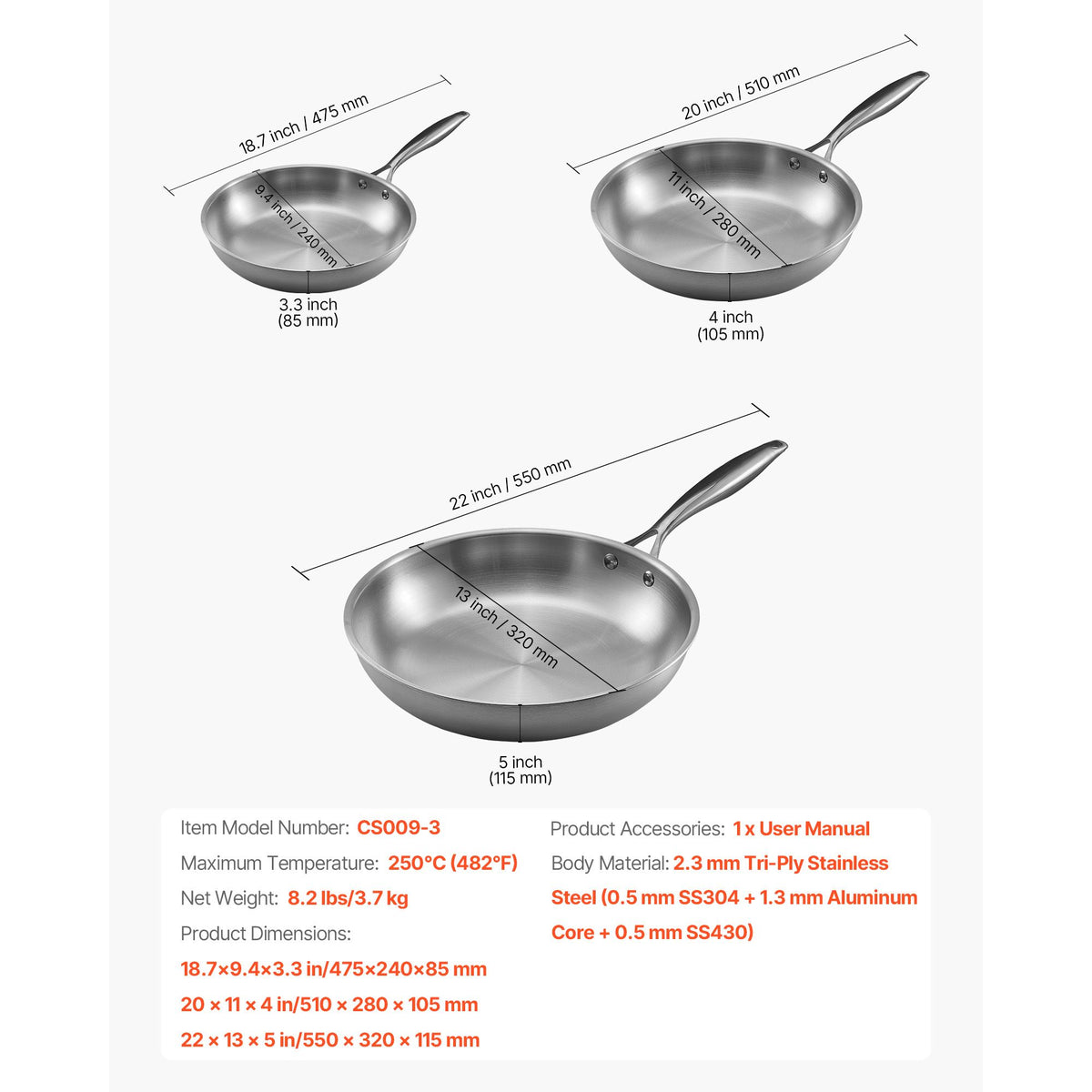 VEVOR Tri-Ply Stainless Steel Frying Pan Set, 24, 28 and 32 cm