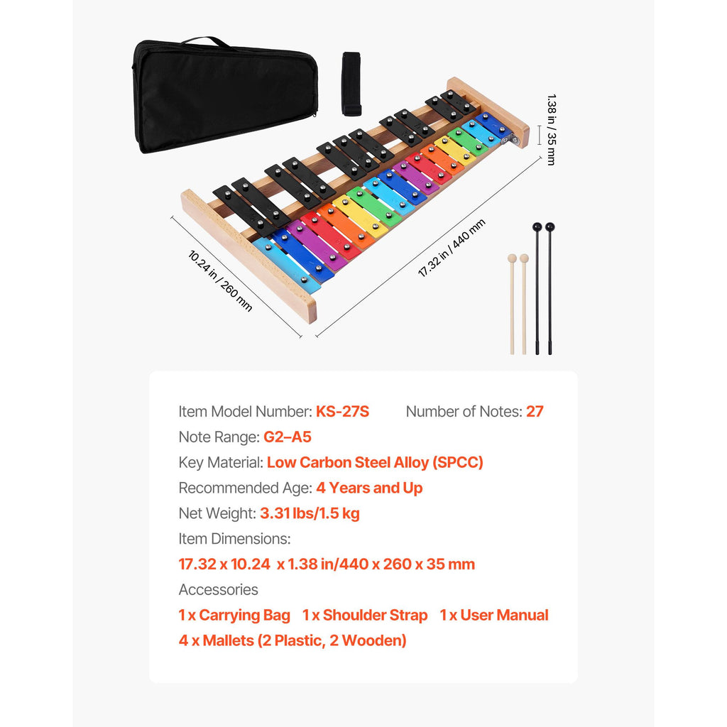 VEVOR 27 Note Glockenspiel with 4 Mallets and Carry Bag