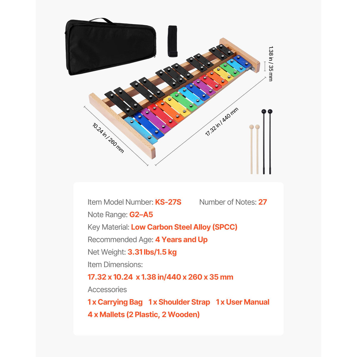 VEVOR 27 Note Glockenspiel with 4 Mallets and Carry Bag