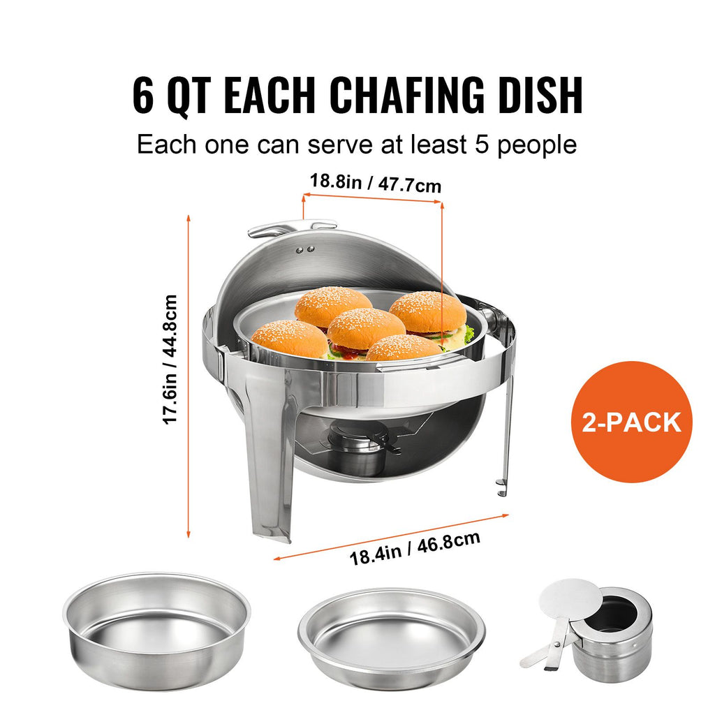 VEVOR Roll Top Round Chafing Dish Set, 5.5 L, 2 Pack