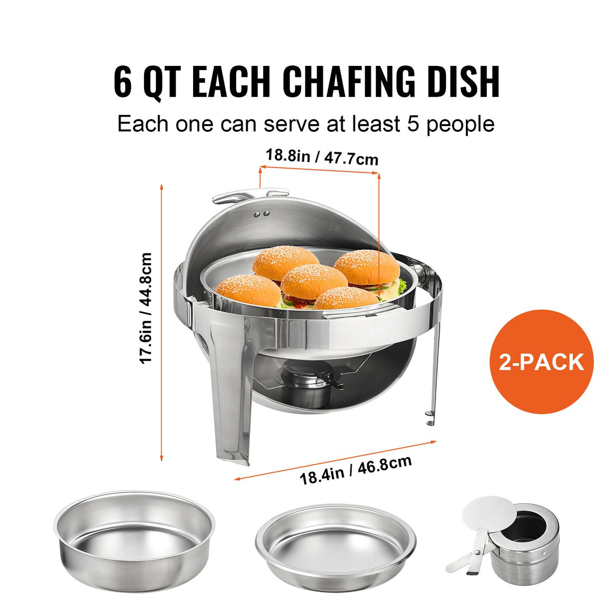 VEVOR Roll Top Round Chafing Dish Set, 5.5 L, 2 Pack
