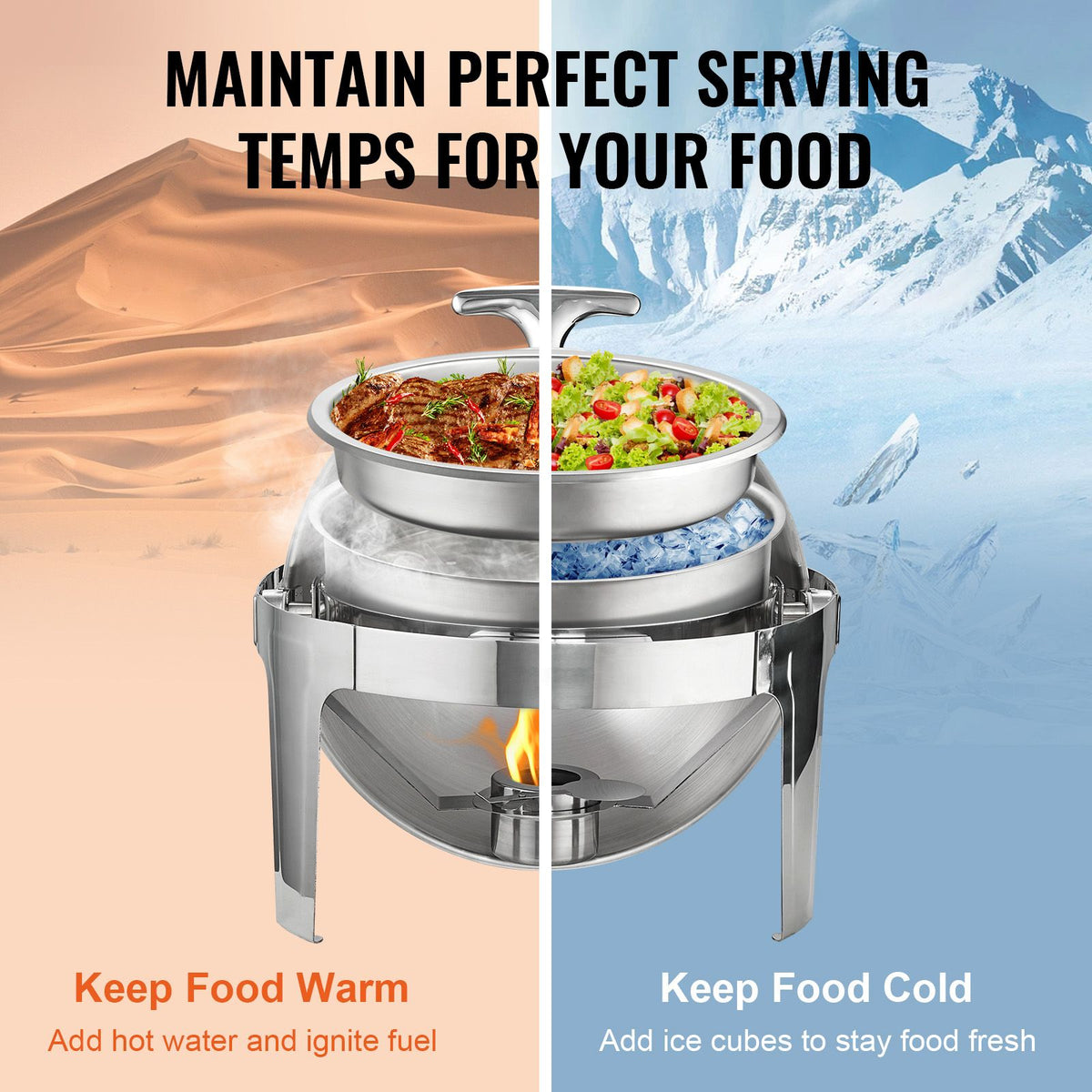 VEVOR Roll Top Round Chafing Dish Set, 5.5 L, 2 Pack