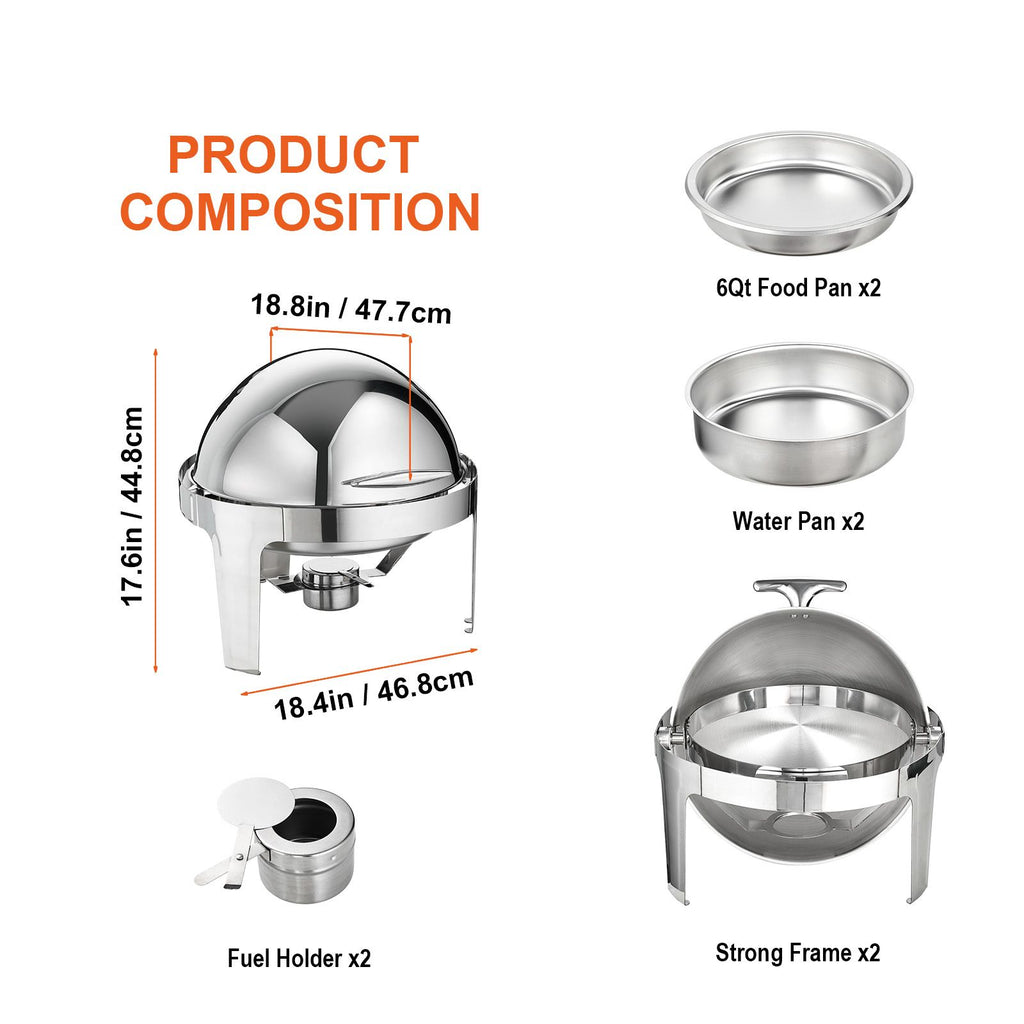 VEVOR Roll Top Round Chafing Dish Set, 5.5 L, 2 Pack
