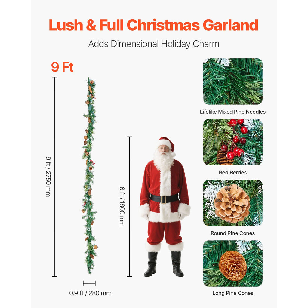 VEVOR Pine Cone and Berry Garland with Battery LED Lights, 2.75 m