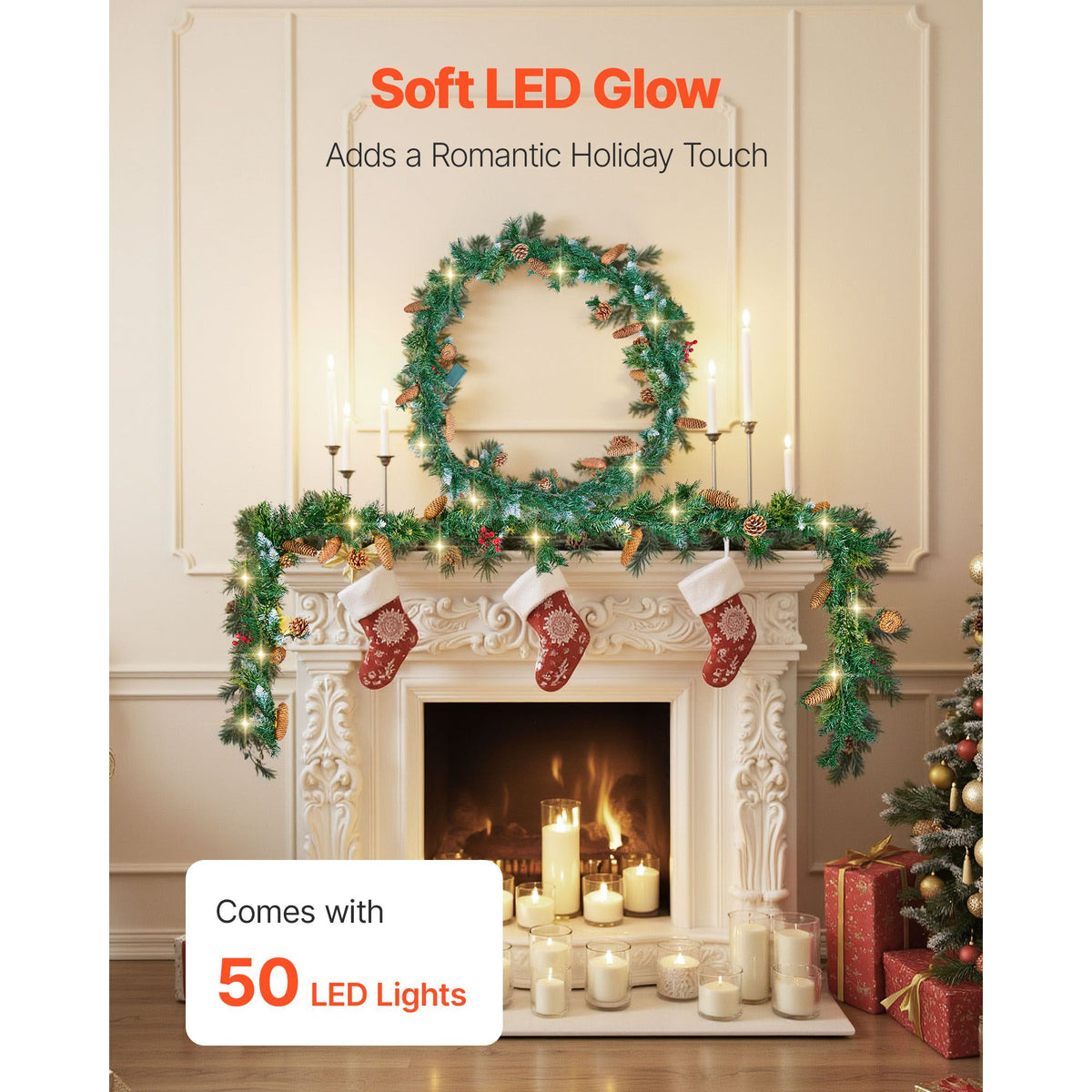 VEVOR Pine Cone and Berry Garland with Battery LED Lights, 2.75 m