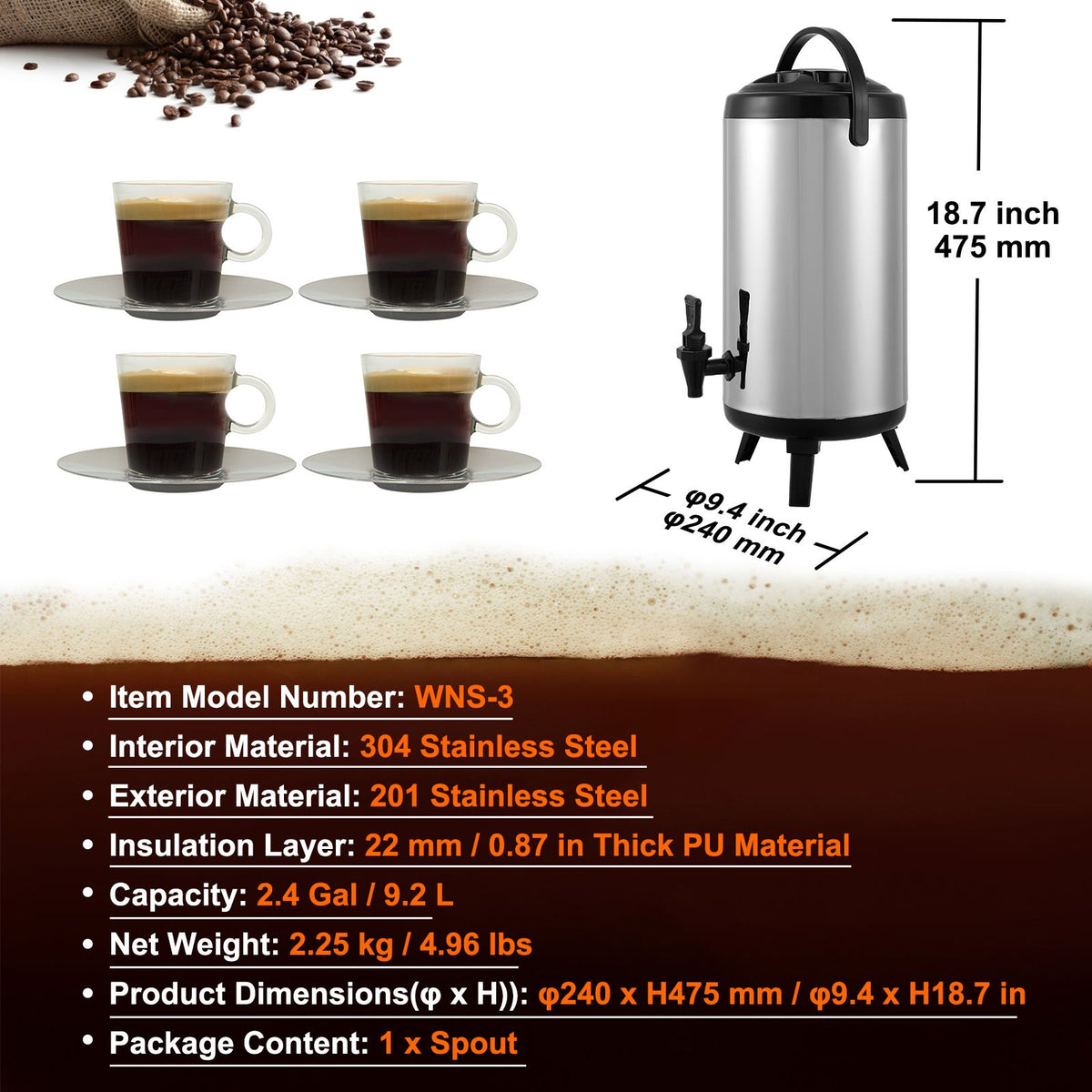 VEVOR Insulated Hot and Cold Drink Dispenser with Spigot, 9.2 L