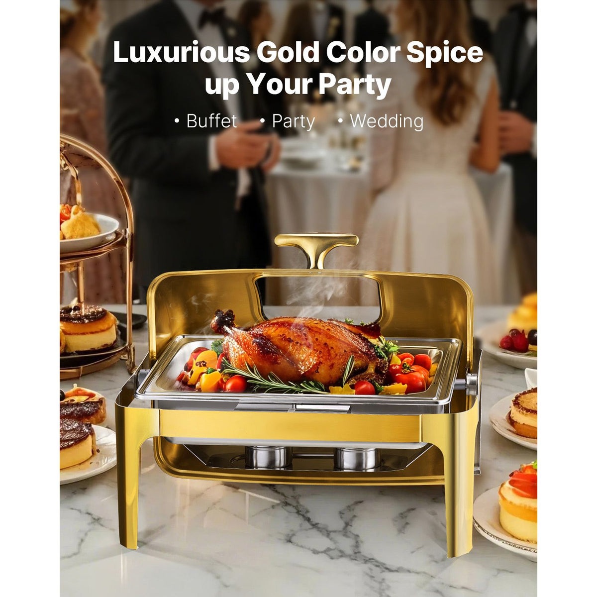 VEVOR Roll Top Chafing Dish Set, 9 Qt Full Pan, Gold