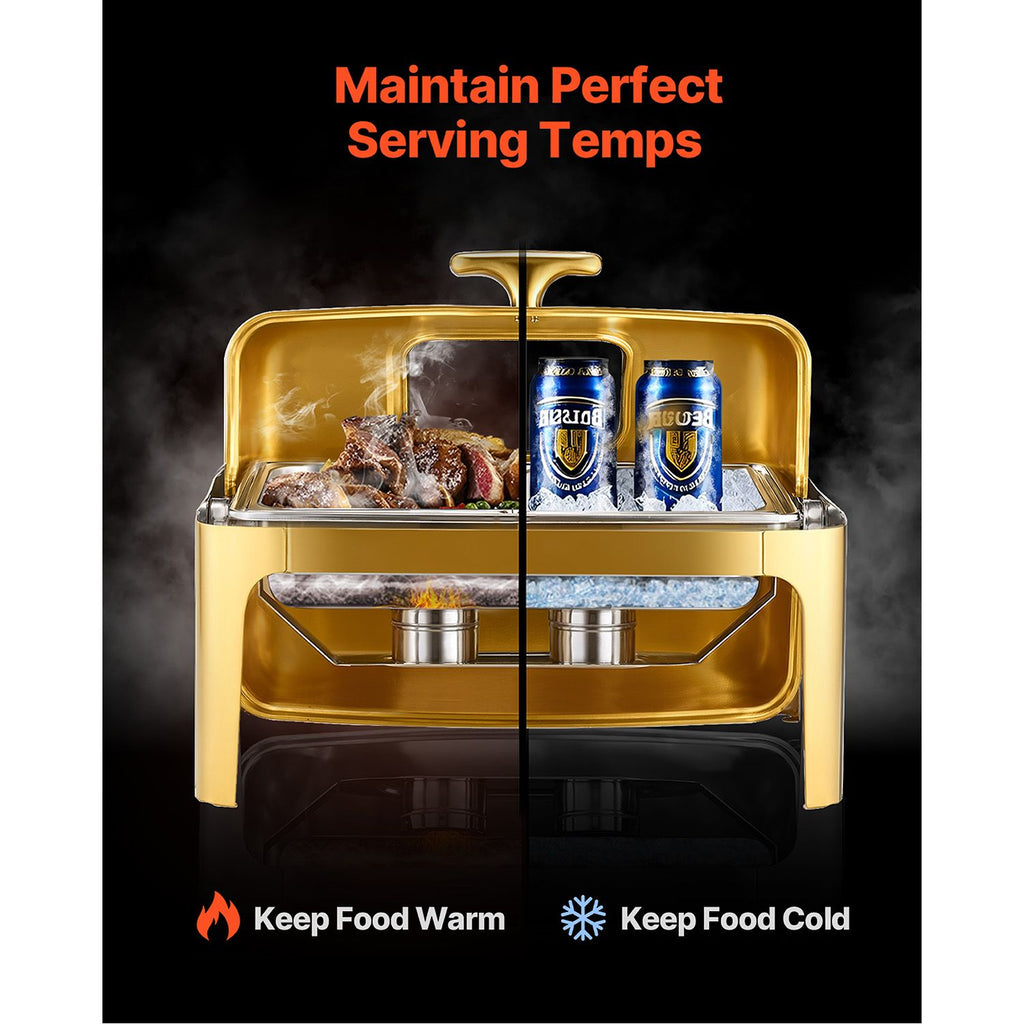 VEVOR Roll Top Chafing Dish Set, 9 Qt Full Pan, Gold