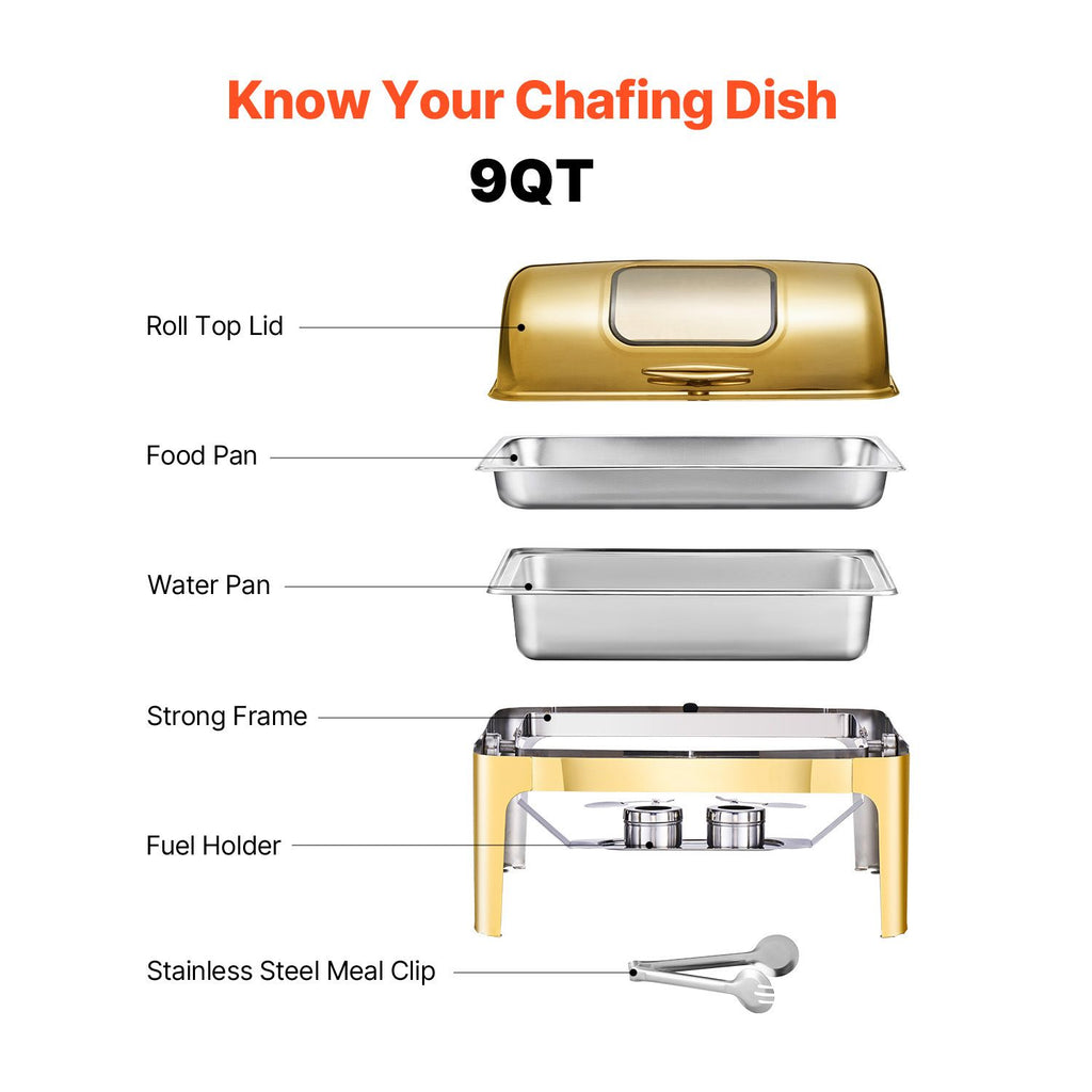 VEVOR Roll Top Chafing Dish Set, 9 Qt Full Pan, Gold