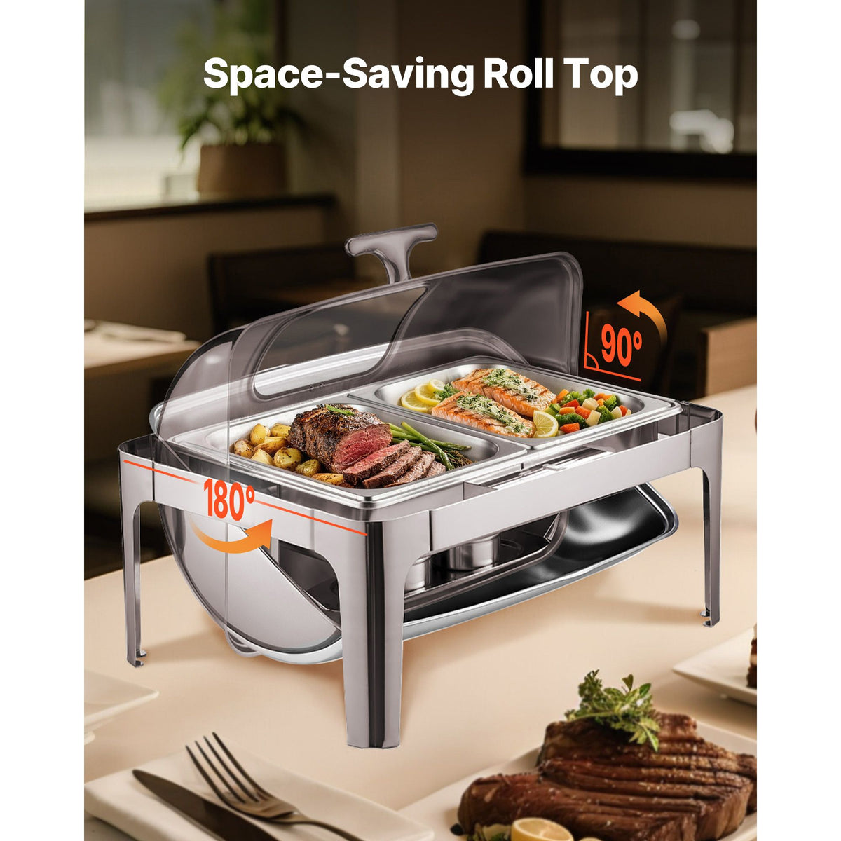 VEVOR Roll Top Chafing Dish Set, 9 Qt, 2 Half Pans, Silver