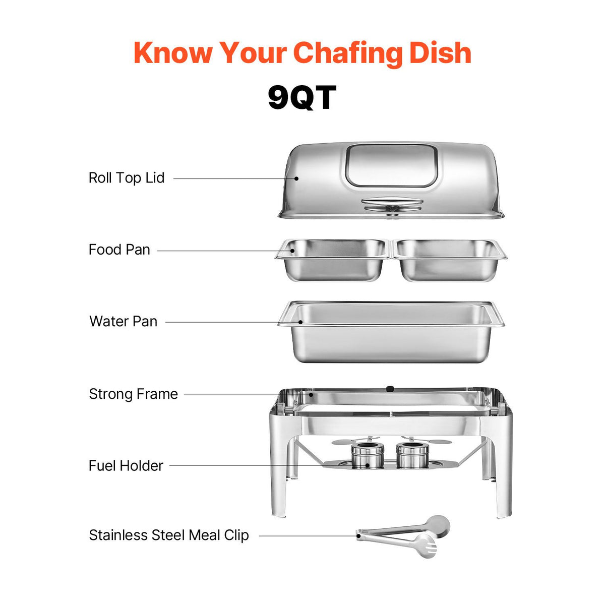 VEVOR Roll Top Chafing Dish Set, 9 Qt, 2 Half Pans, Silver