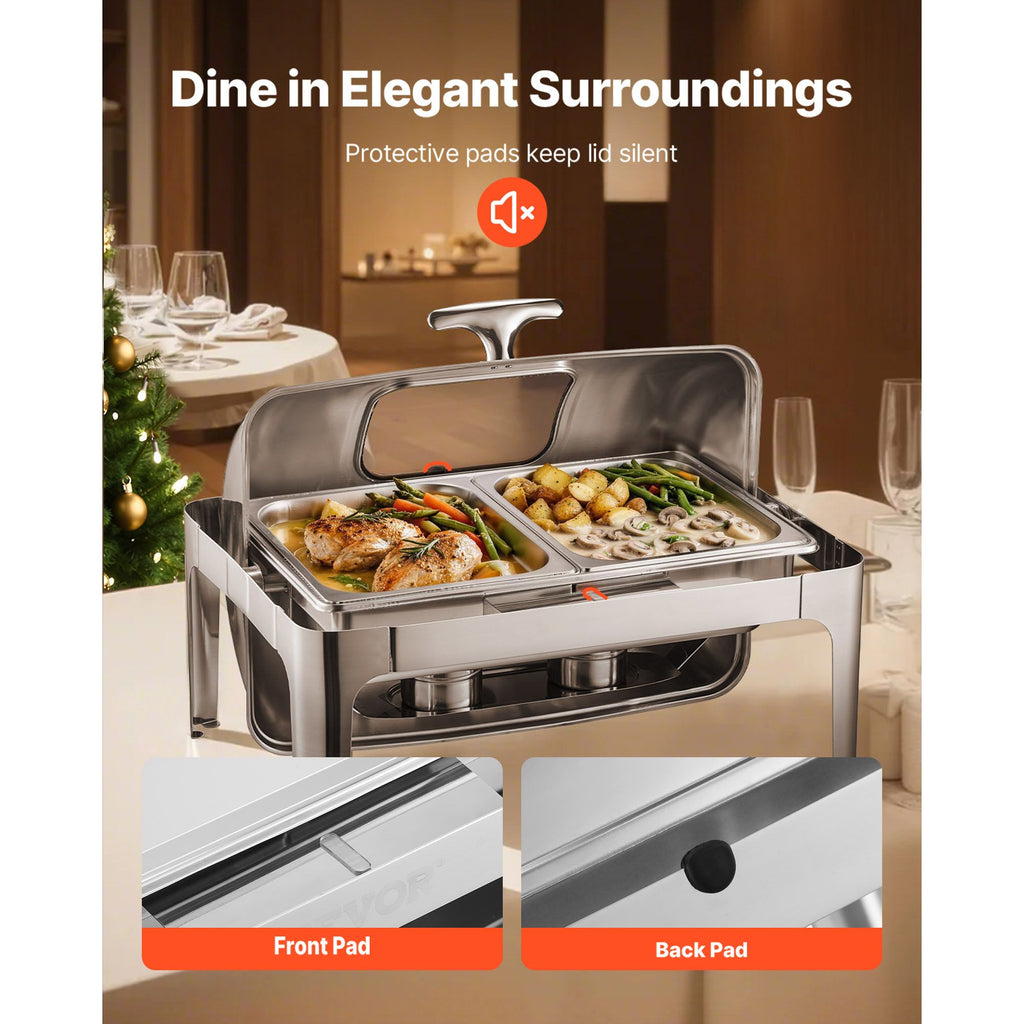 VEVOR Roll Top Chafing Dish Set, 9 Qt, 2 Half Pans, Silver