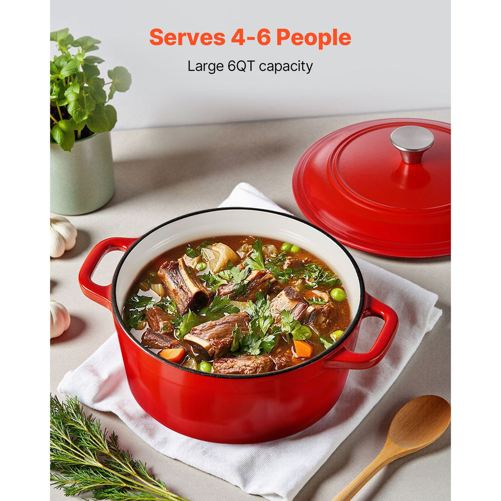 VEVOR Enamelled Cast Iron Dutch Oven, 5.7L, Red